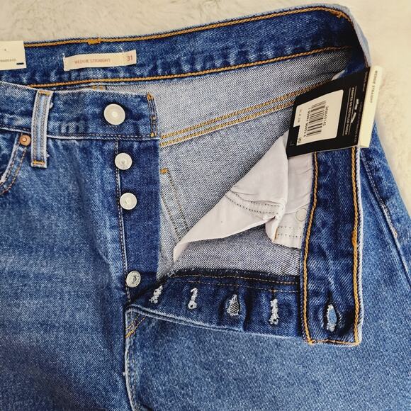 Levi's Wedgie Straight Leg Distressed High Rise Jeans Oxnard Drive Dark Blue 31 - Picture 11 of 13